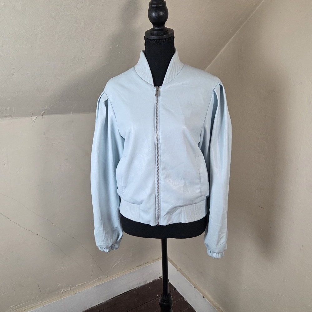House of Harlow 1960 Vegan Faux‎ Leather Bomber Jacket Robin Egg Blue Size M